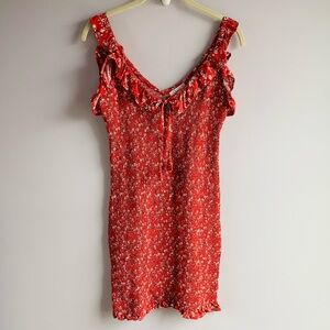 Japna Dress Red Ditsy Floral Ruffles Sleeveless Bodycon Casual Summer EUC S/M